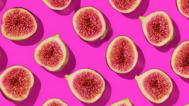 Vibrant symmetrical pattern of halved figs with bright pink background and soft shadows