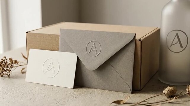 A simple box and envelope set with elegant embossed details sits on a textured surface.