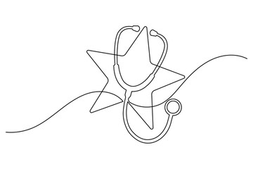 continuous one line drawing of a medical stethoscope intricately combined with a star symbol