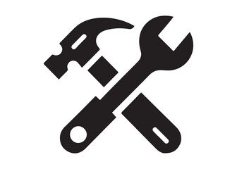 hammer and wrench logo silhouette vector, hand tool logo silhouette illustration, construction equipment logo, repair service wrench crossed over a hammer logo silhouettes vector on white background 