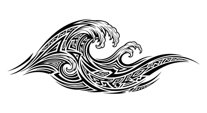 Tribal Wave Art: Bold Black and White Tattoo Design with Polynesian Elements