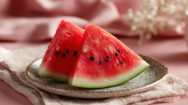 Two juicy watermelon slices with black seeds on a textured plate with a pink fabric background