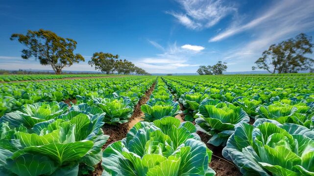 Rows of fresh green cabbage plants grow in a vast field under a bright blue sky with wispy clouds