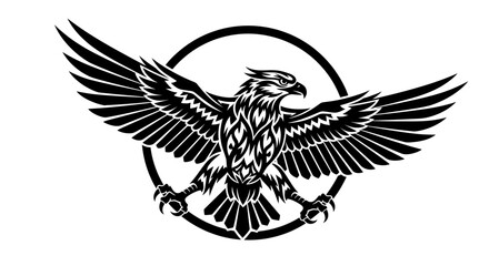 Fototapeta premium Striking black and white eagle emblem with outstretched wings and circle frame in the background