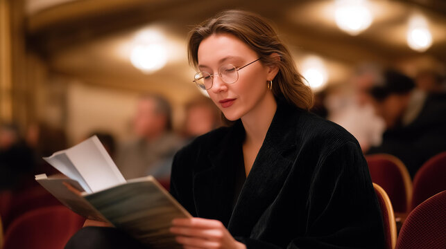 A theater steward guiding attendees to velvet-covered seats under dim chandelier lighting, program booklets in hand as the orchestra warms up &mdash; performing arts service, elegant venue experience,
