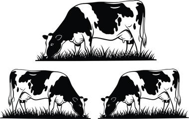 Black and white silhouette vector of Holstein dairy cows with udders, grazing in a patch of grass, used for milk, farm, cattle ranching, and agricultural food 