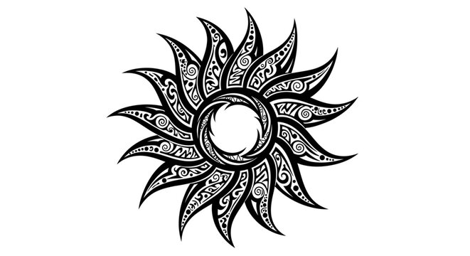 Detailed tribal sun vector illustration featuring intricate swirls and curves a timeless design