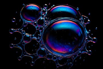 A macro shot of iridescent soap bubbles creates an abstract and colorful display.
