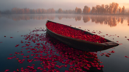 Romantic boat with roses in morning mist