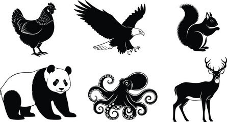Black and white silhouette vector set of diverse wild and domestic animals including eagle, panda, deer, squirrel, octopus, and chicken, for zoology and nature graphics.