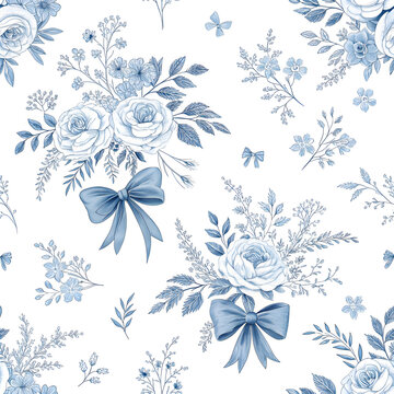 Blue toile digital paper with coquette bows, preppy blue and white seamless printable patterns for baby shower, nursery and scrapbooking
