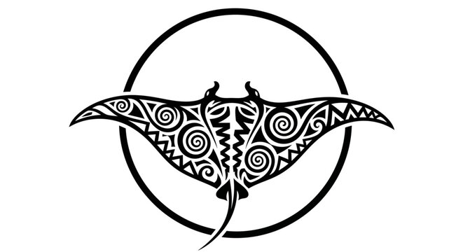 Elegant tribal manta ray design featuring intricate patterns and circular framing concept