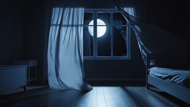 Moonlit blue bedroom curtains billow by the window, a quiet bed and dresser in shadows. blue hush.