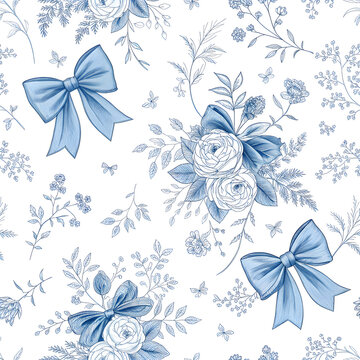 Blue toile digital paper with coquette bows, preppy blue and white seamless printable patterns for baby shower, nursery and scrapbooking