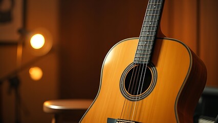 Naklejka premium An acoustic guitar leaning against a wooden stool, bathed in warm studio light, creating a musical and inviting scene.