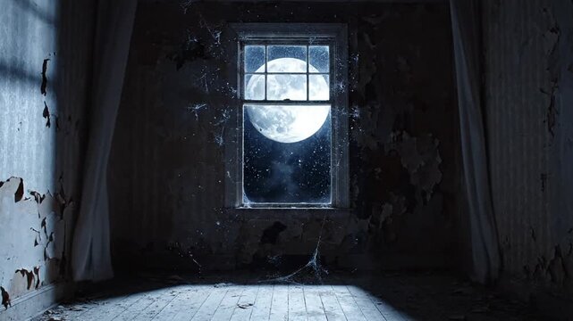 Moonlit ruin peeling walls, tattered curtains frame a round window glowing over rotted floorboards.'