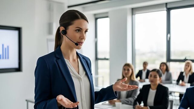 business woman doing presentation in office room, concept moderator