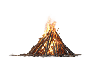 Evening beach bonfire with glowing flames isolated on transparent background