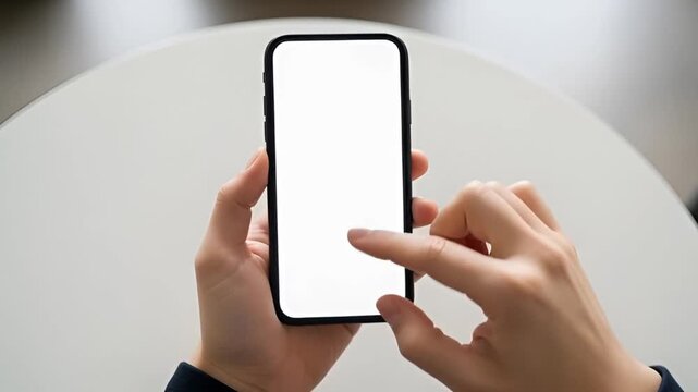 Close up B-roll of hands scrolling on a smartphone with a blank screen, perfect for technology, social media, and mobile app concepts.
