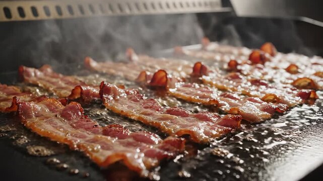Dynamic tracking shot moving slowly across several rows of thin, curling bacon slices cooking aggressively on a smoking hot grill surface grease, grill, food