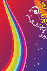 Colorful abstract background featuring a bright rainbow arch, elegant white swirls, and sparkling stars against a red and blue gradient backdrop