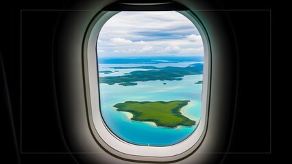 Fototapeta premium Aerial view of a tropical island through an airplane window