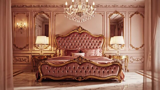 Opulent rococo-inspired bedroom with pink tufted bed gilded frame chandelier mirrored walls accents.'