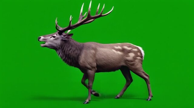 A majestic stag with large antlers roaring on a vibrant green screen background in full view shot deer green screen video