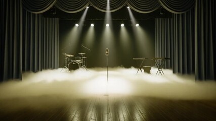 Enchanting Stage: A theatrical scene illuminated by spotlights. A stage is set, enveloped in a mystical fog, setting the stage for music and drama.