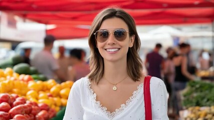 Market Serenity: A radiant woman, adorned with sunglasses, exudes contentment amidst a vibrant marketplace, where fresh produce is a visual symphony of color and texture. 