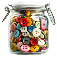 Colorful buttons in a jar on transparent background