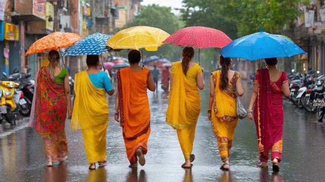 Monsoon Stroll: A group of women adorned in vibrant attire strolls along a rain-slicked street, each sheltering under a colorful umbrella.