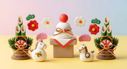 初日の出とお正月の縁起物のクレイアート背景