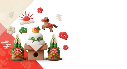 初日の出とお正月の縁起物のクレイアート背景