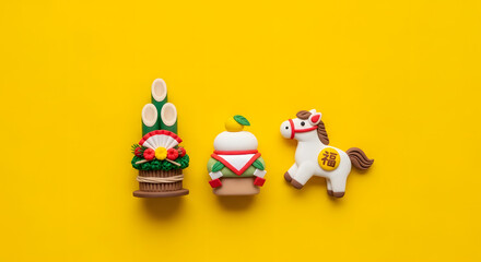 初日の出とお正月の縁起物のクレイアート背景