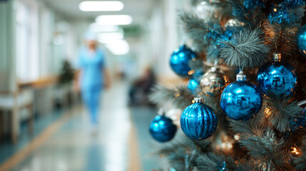 Christmas tree decoration ball on the background of a blurry hospital corridor.