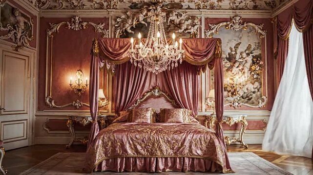 Lavish pink rococo bedchamber with gold filigree walls, chandelier, draped canopy bed, ornate decor