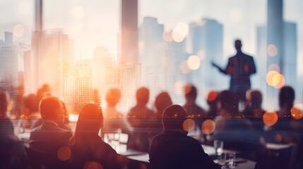 Speaker in meeting at business conference event. Seminar audience blurred in training room watch presentation. Presenter giving talk to people. City landscape double exposure. High quality