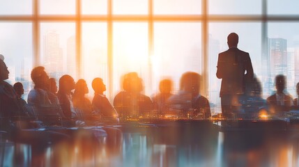 Speaker in meeting at business conference event. Seminar audience blurred in training room watch presentation. Presenter giving talk to people. City landscape double exposure. High quality