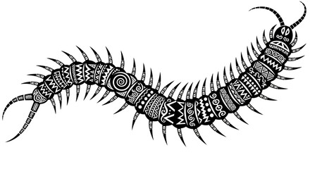 Intricate centipede design with tribal patterns evoking ancient mythology and art