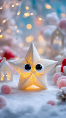 Glowing Christmas star decoration with cute eyes in the snow