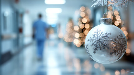 Christmas tree decoration ball on the background of a blurry hospital corridor.