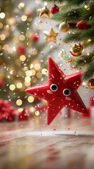 Festive red star ornament with face and falling confetti