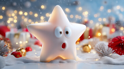 Surprised glowing star character on snow with Christmas lights