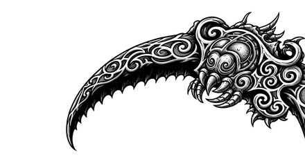Intricate and Ornamental Scythe Illustration with Detailed Designs and Sharp Edges