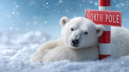 Cute polar bear cub at the North Pole in falling snow