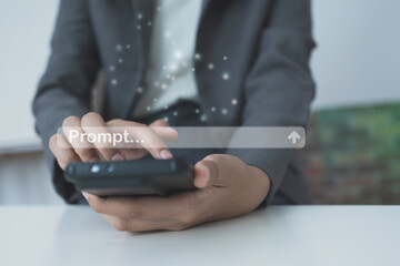 Close up of business person using smartphone with AI prompt interface, digital interaction concept, artificial intelligence, mobile technology, future communication and automation.