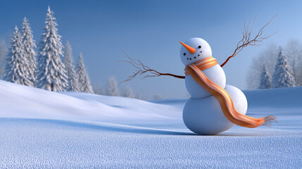 Cheerful snowman with orange scarf in a sunny winter landscape