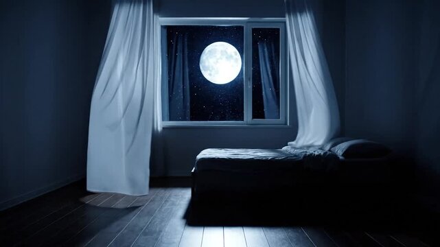 Moonlit bedroom with sheer curtains framing a window; pale moonlight bathes the bed in blue tonight
