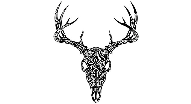 Intricate tribal tattoo design featuring a stylized deer skull and antlers artwork